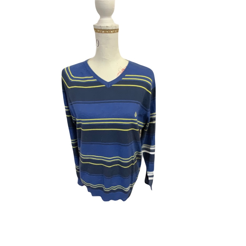 Volcom V-Neck Sweater in Blue and Yellow Stripes